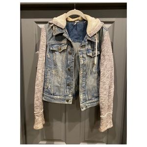 Free People Hooded Distressed Denim Jacket
